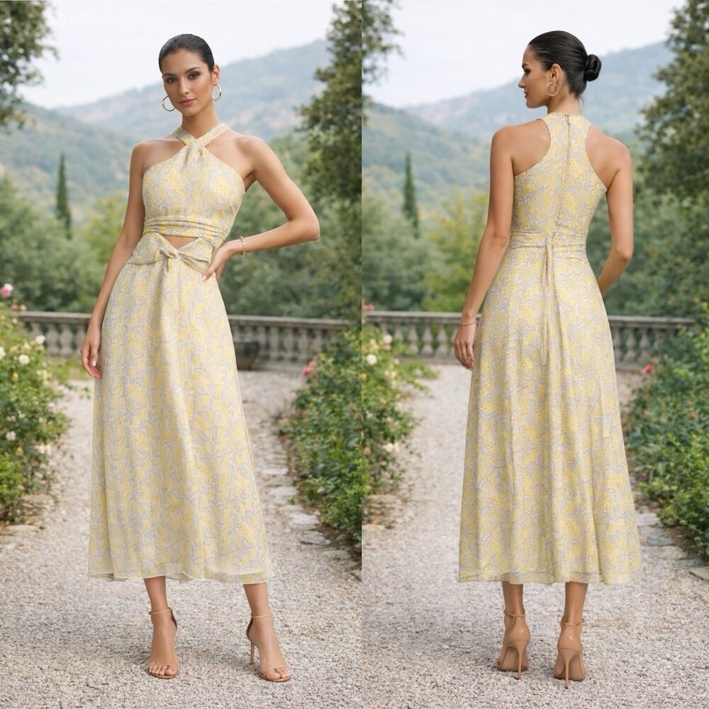Likely Lucy Twisted Cut Out Midi Dress 8‎ Paisley Halter Gold Metallic Yellow